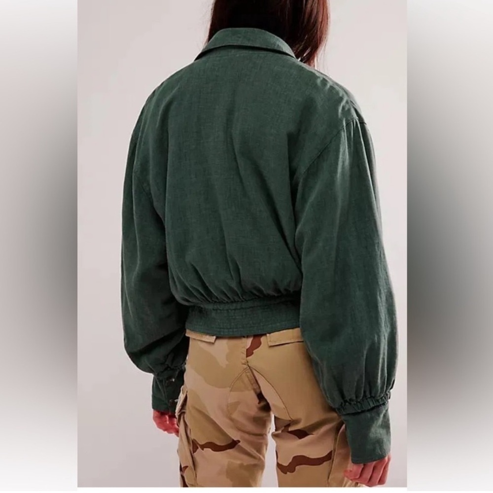 Free People Women's Billy Saddle Jacket Relaxed Cropped Linen Blend Green Small - Picture 3 of 15